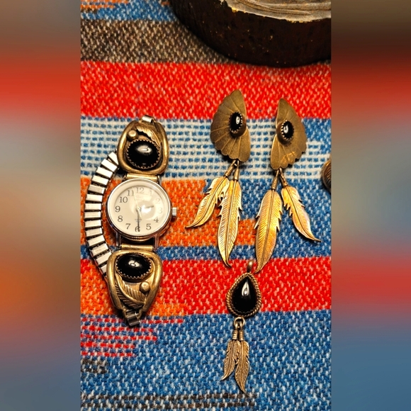 Native American Vintage Silver Black Onyx Necklace Watchband Bracelet Ring Set - Picture 11 of 15